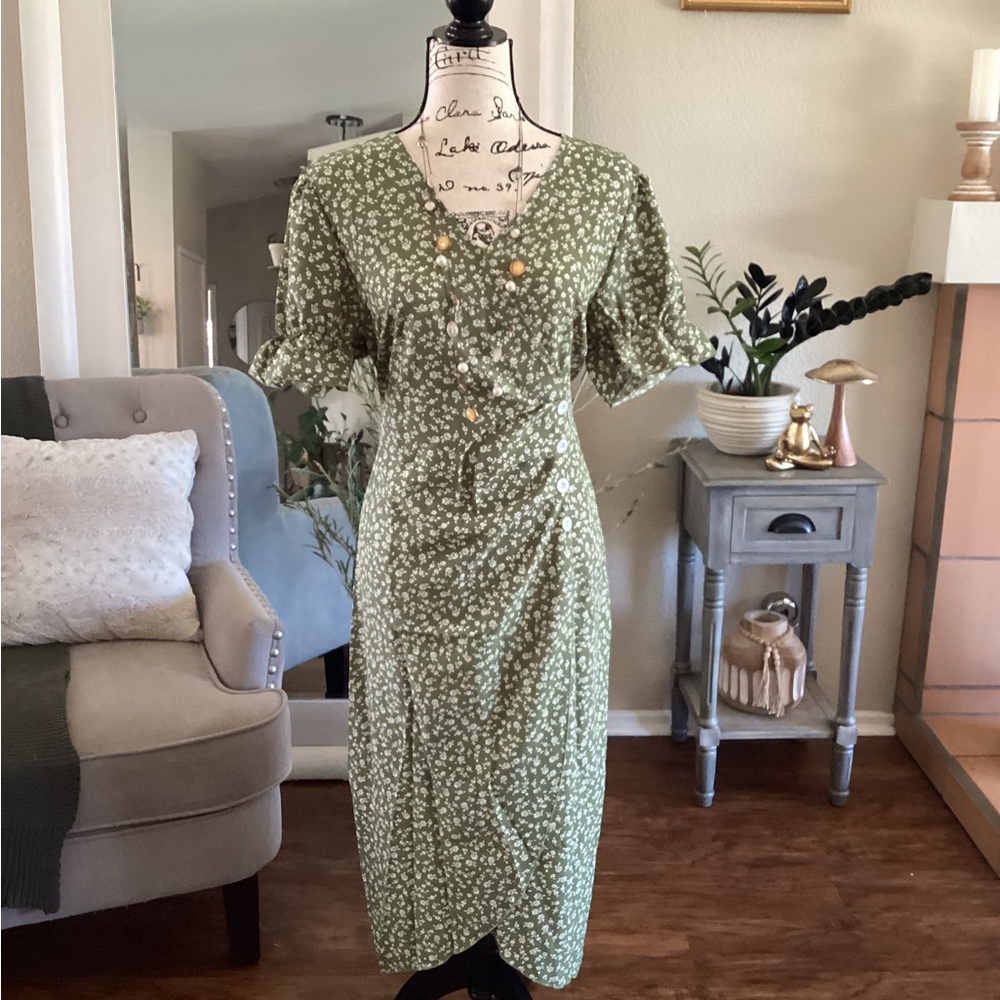 SHEIN Olive Floral Midi Dress with Buttons
